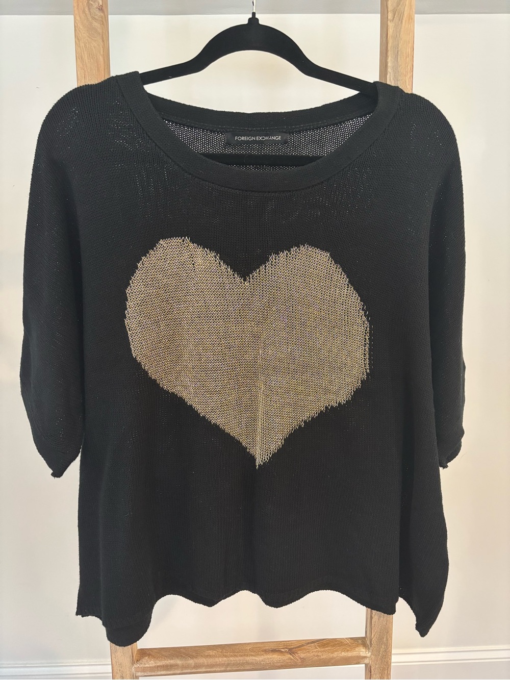 Foreign Exchange Black Sweater with Gold Heart Graphic